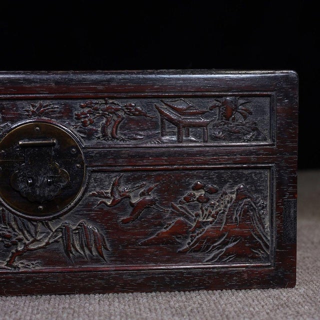 Brown Chinese Rosewood Carved Scholar's Box With Landscape & Poetry For Sale - Image 8 of 10