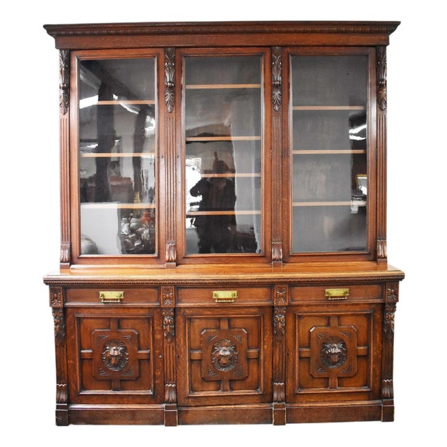 Victorian Three Door Bookcase in Carved Oak, 1880 For Sale