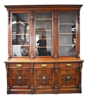 Victorian Three Door Bookcase in Carved Oak, 1880