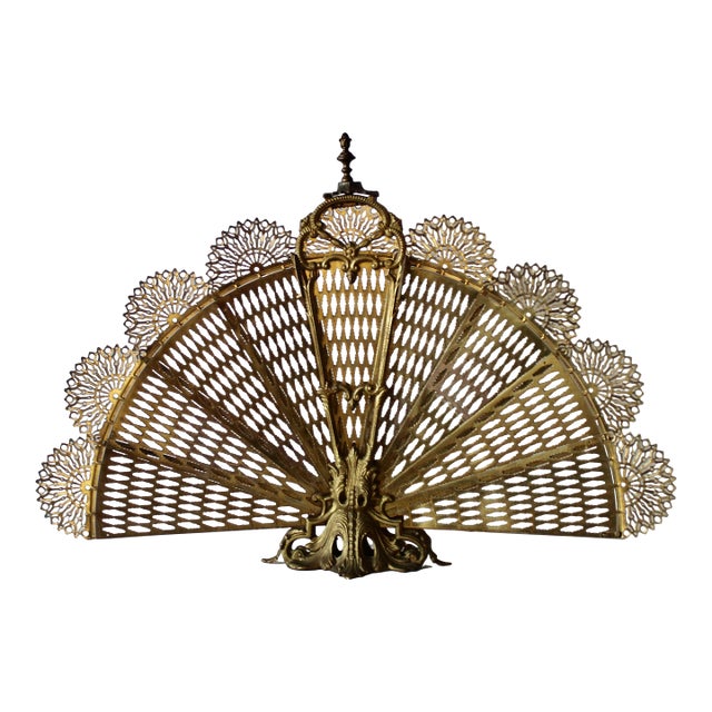 Vintage French Brass Peacock Tail Folding Fireplace Screen For Sale