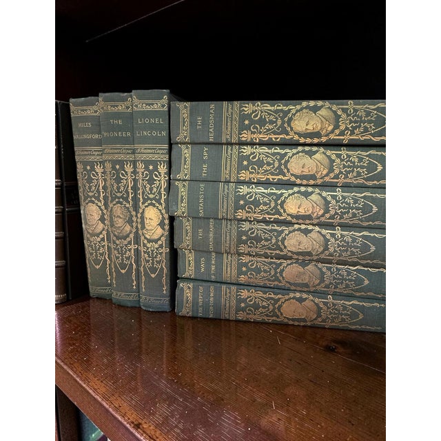 Antique Green Gold Decorative Book Set of 25 James Fenimore Cooper For Sale - Image 11 of 17