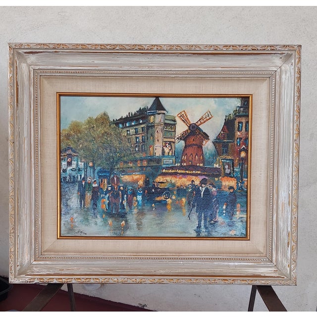 Beautiful vintage original oil painting on canvas depicting a lively Parisian Moulin Rouge street scene in an...