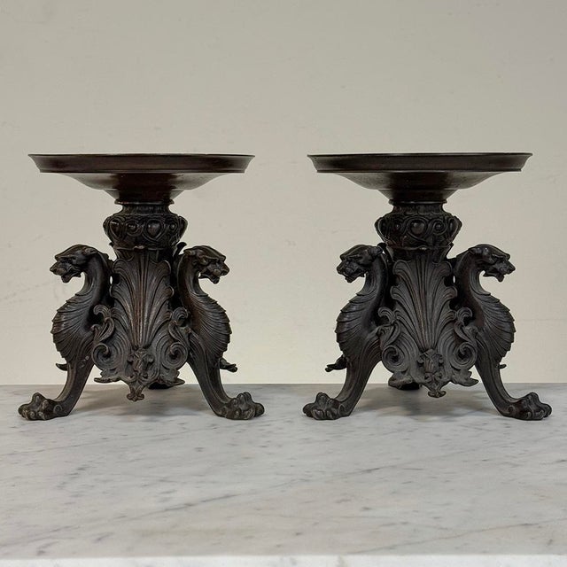 Bronze Pair of Renaissance Revival Bronze Rose Bowl ~ Pillar Candle Stands For Sale - Image 8 of 18