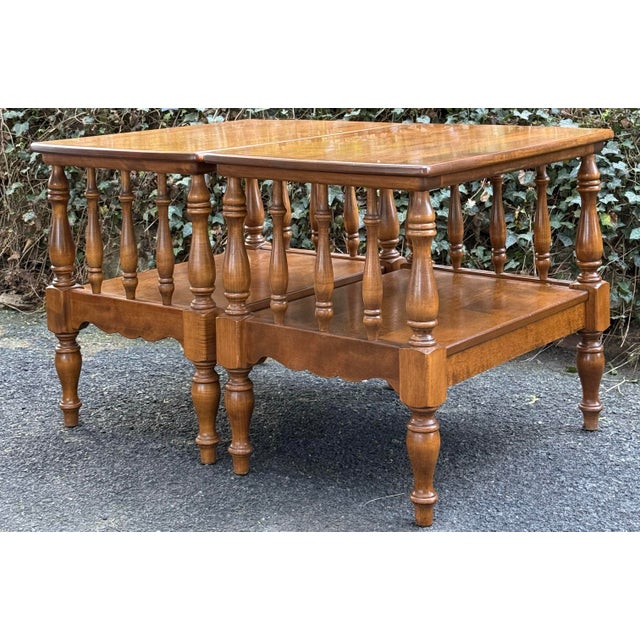 Beautiful set of vintage Ethan Allen end tables from Early American collection. Solid birch and maple construction, turned...