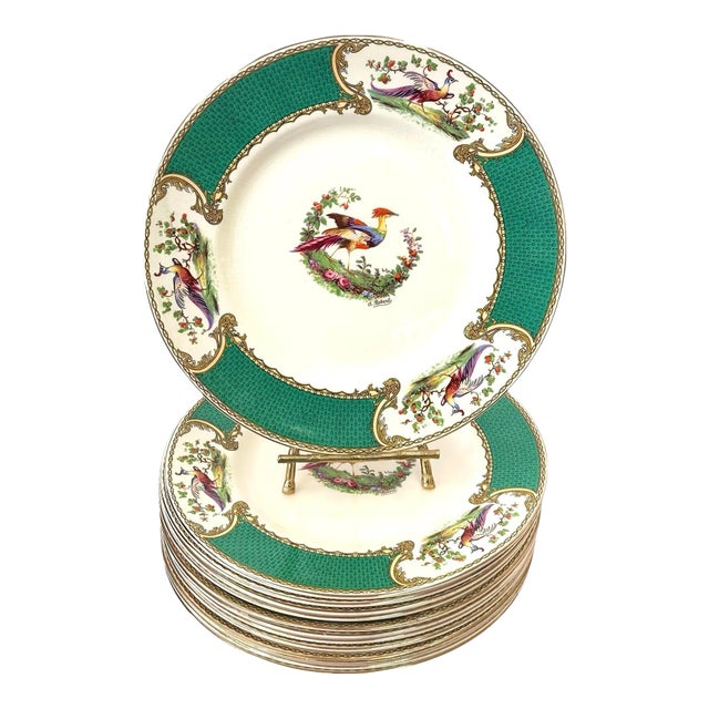 Early 20th Century Myott Staffordshire Green Chelsea Bird Dinner Plates- Set of 12 For Sale