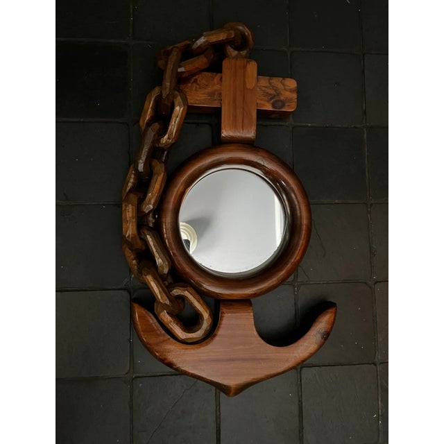 Nautical Folk Art Hand-Carved MCM Wooden Anchor and Chain Mirror For Sale - Image 9 of 9