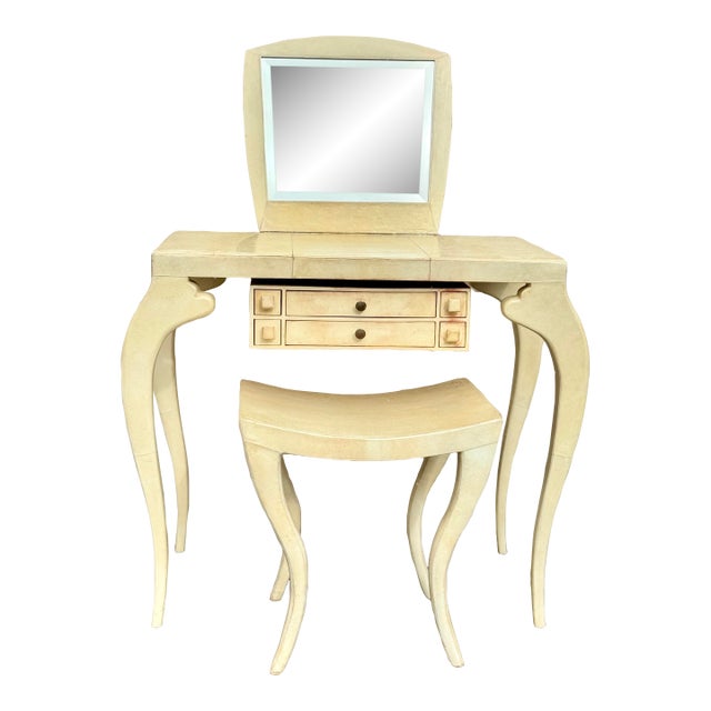 Late 20th Century French Cream Vanity Table With Mirror and Matching Bench, 2 Pieces For Sale