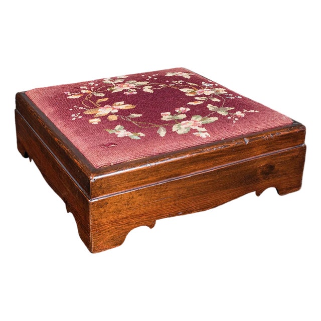 Antique Upholstered Footstool, English, Pitch Pine, Fireside Stool, Edwardian For Sale