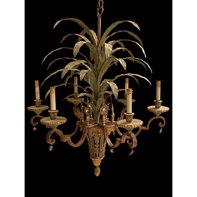 Large Currey & Co Tole Leaf Hollywood Regency Six Light Chandelier For Sale - Image 9 of 9