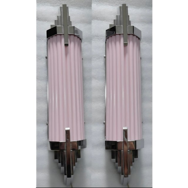 Art Deco Vintage Art Deco Light Old Lamp Wall Sconces Fixture Nickel Brass & Opaline Pink Glass Rod Ship Light - Pair For Sale - Image 3 of 5