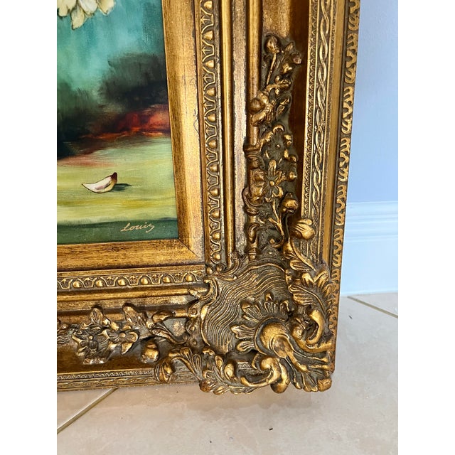 Mid Century Floral Oil Painting in Gold Ornate Frame For Sale - Image 4 of 9
