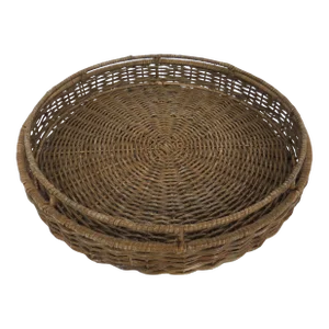 Vintage Wicker Woven Rattan Round Serving Tray With Rattan Wrapped Rail