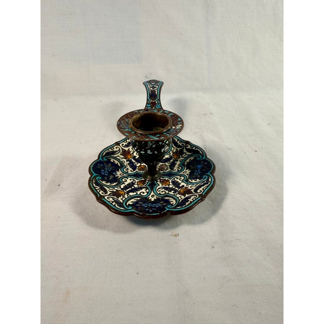 French Antique, French Enamel Chamberstick With Champelevé Decoration Late 1800s For Sale - Image 3 of 5