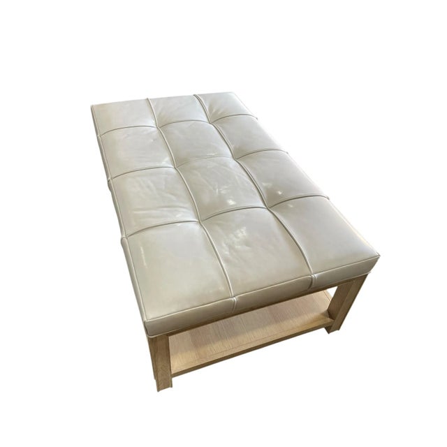 Mid-Century Modern Highland House 1399-48 Franco Cocktail Ottoman With Off-White Tufted Leather Cushion and Lower Oak Shelf For Sale - Image 3 of 18