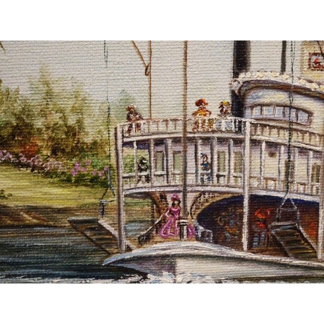 1960s Mississippi River Sidewheeler River Landscape Oil Painting on Canvas by Marcella Packard For Sale In Boston - Image 6 of 13