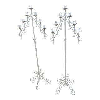 Vintage Pair Painted White Iron / Metal Adjustable / Expandable 7 Light Floor Candelabra's For Sale