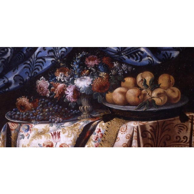 Antonio Gianlisi, 17th Century (RIZZOLO, 1677 - CREMONA, 1727) "Still Life with a Plate of Peaches, Flowers, and Drapes"...