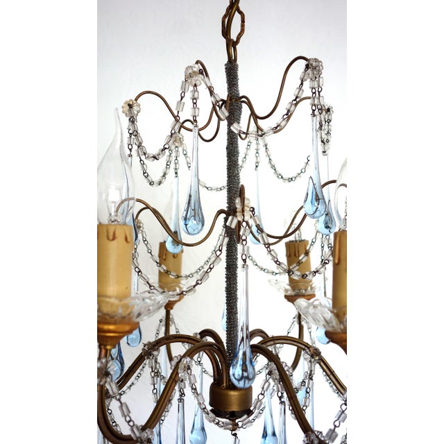 Metal Antique Gilded Metal Murano Glass Drop Six-Light Chandelier, 1930s For Sale - Image 7 of 14
