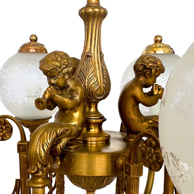Antique Louis XV French Gilt Bronze Figural Chandelier with 6 Etched Globes, 1890 For Sale - Image 3 of 8