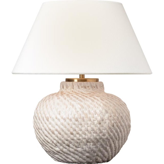 Transitional Marie Flanigan by Visual Comfort Signature Avedon 12" Cordless Accent Lamp in Plaster White Rattan with Linen Shade For Sale - Image 3 of 3