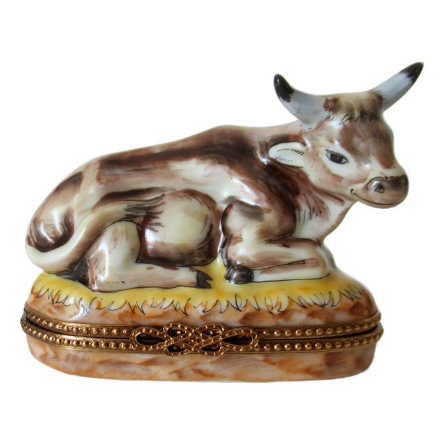 Limoges, France Rochard Hand-Painted Enamel "Longhorn Cow," Trinket Box For Sale