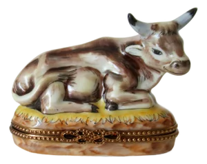 Limoges, France Rochard Hand-Painted Enamel "Longhorn Cow," Trinket Box