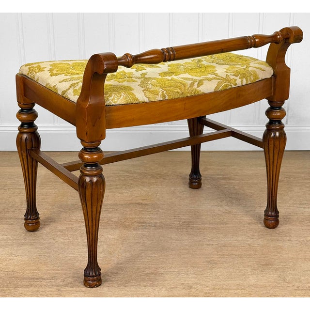 1940s Vintage Traditional Maple Vanity Bench Seat W/ Green Floral Cushion For Sale - Image 5 of 12