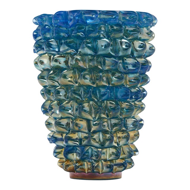 Iridescent Blue Murano Glass Rostrate Vase For Sale