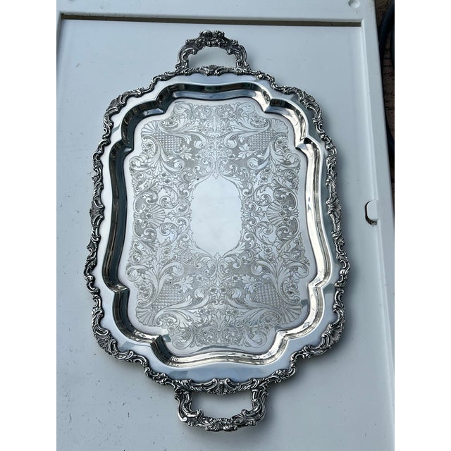 English Vintage Oversized Footed Silverplate Butler Waiter Tray With Handles 30.5” Palm Beach Regency Tea Service Bar Tray For Sale - Image 3 of 10