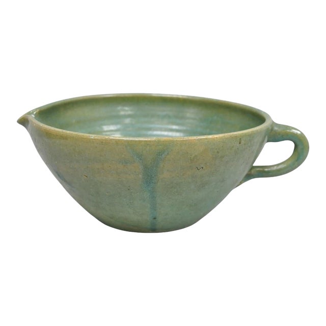 Vintage Primitive Green Glazed Ceramic Pottery Large Mixing Bowl W Handle For Sale