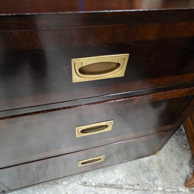 Hollywood Regency Campaign Style Ebonized Mahogany Credenza With Recessed Brass Pulls and Corner Mounts, 1970s For Sale - Image 10 of 15