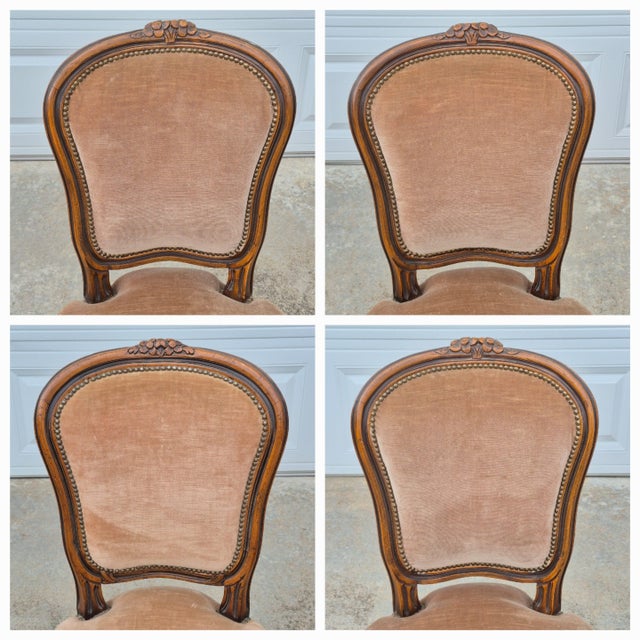 1980s Chateau d'Ax Louis XV Carved Walnut & Cocoa Velvet Dining Chairs, Assembled Set of 4 For Sale - Image 9 of 15