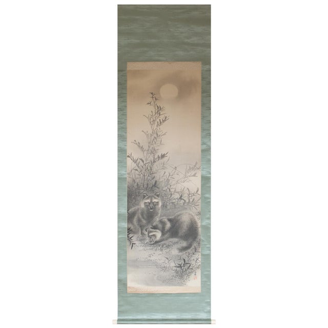 "Raccoons and the Moon", Taisho to Early Showa Era Japanese Ink Scroll Painting For Sale - Image 18 of 18