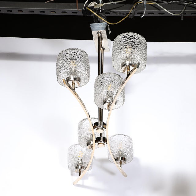 Mid-Century Modern Mid-Century Bow Form Polished Brass & Nickel Pendant Chandelier W/ Mottled Glass For Sale - Image 3 of 12