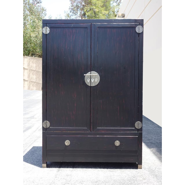 Asian Vintage Asian Baker Furniture Black Lacquer Entertainment Storage Cabinet Armoir For Sale - Image 3 of 13