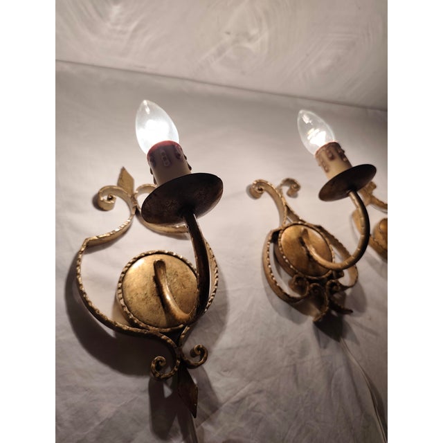 Gold Wrought Iron and Gold Leaf Wall Lights, 1960s, Set of 3 For Sale - Image 8 of 13