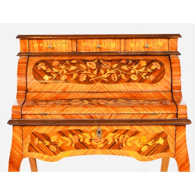 1970s Striking Italian Inlaid Tambour Secretary Desk / Petite Marquetry Writing Desk With Automatic Roll Top For Sale - Image 4 of 9