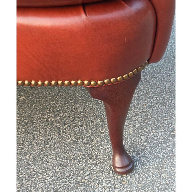 Pair of Classic Leather Furniture Tufted Oxblood Leather Wingback Library Lounge Chairs With Brass Nailhead Trim, Circa 1980s For Sale - Image 9 of 14