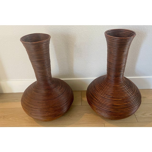 Boho chic floor vases with possible attribution to Gabriella Crespi, no maker's sticker remains. Urns are constructed of...