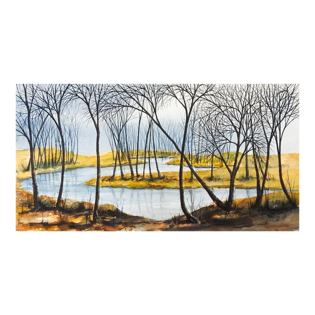 Vintage Winter Wetlands Watercolor Landscape Painting For Sale