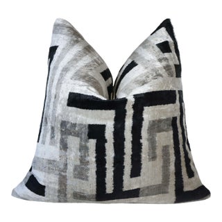 Hand-Knotted Geometric Maze Silk Velvet Pillow - 20x20 Black & Silver For Sale