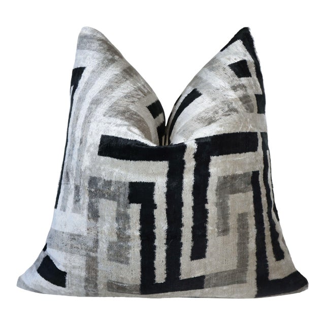 Hand-Knotted Geometric Maze Silk Velvet Pillow - 20x20 Black & Silver For Sale