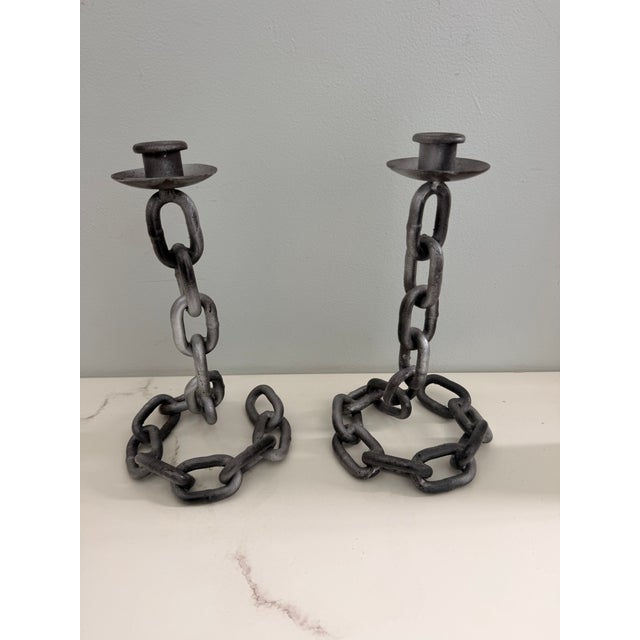 Gray Mid 20th century Illusionistic Brutalist Chain Link Candlesticks - A Pair For Sale - Image 8 of 10