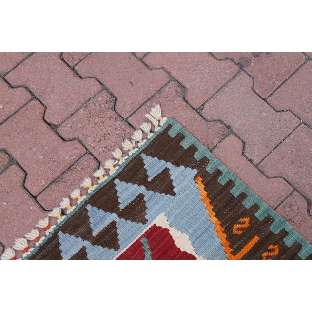 1970s Mid-Century Modern Geometric Blue Kilim Rug For Sale - Image 9 of 10