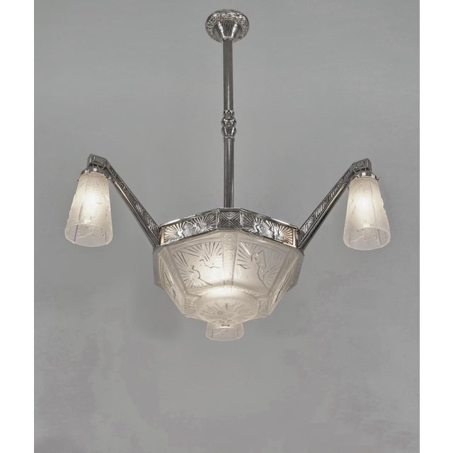 L.Ravaud & Muller freres peacock chandelier A beautiful 1930 French art deco chandelier in nickel plated bronze or solid...