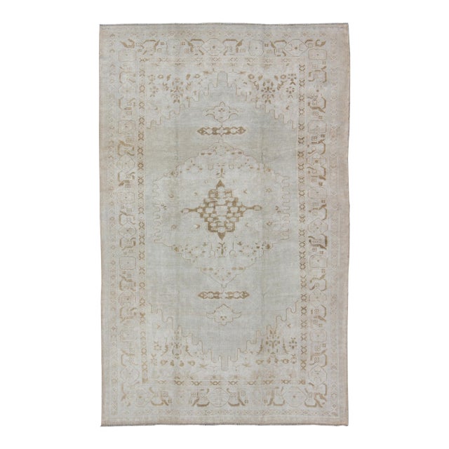 Vintage Turkish Oushak Rug With Large Central Medallion in Neutral Tones For Sale