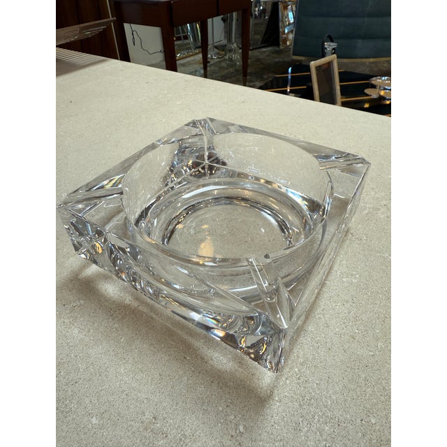 Impressive sculptural crystal ashtray/catchall from Italy, 1970s, crafted with sharp geometric faceting and exceptional...
