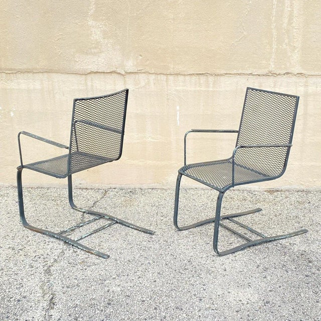 Vintage Industrial Modern Wrought Iron Metal Mesh Cantilever Patio Chairs - a Pair For Sale - Image 10 of 11