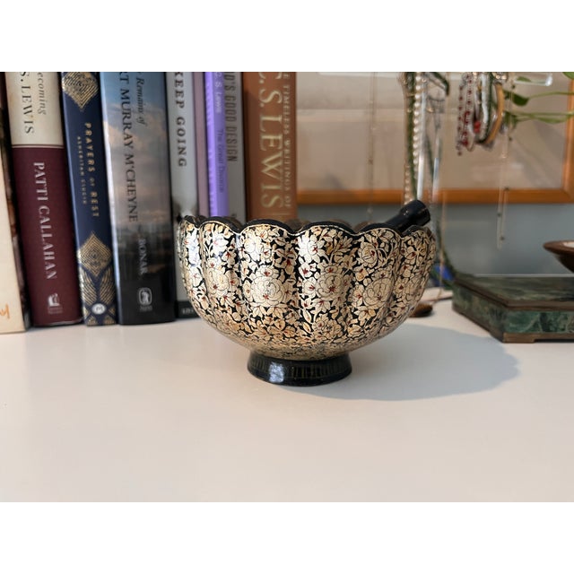 Vintage Mid Century Persian Chinoiserie Paper Mache and Brass Silver Leaf Floral Mortar and Pestle For Sale - Image 4 of 8