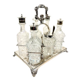 Early 20th Century Silver and Crystal Condiment or Cruet Set - 7 pcs For Sale